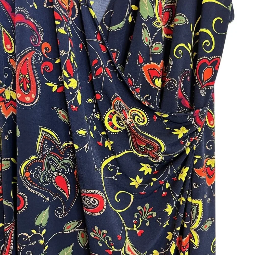 Jones New York Signature Faux Wrap Dress XL Navy Paisley Short Sleeve